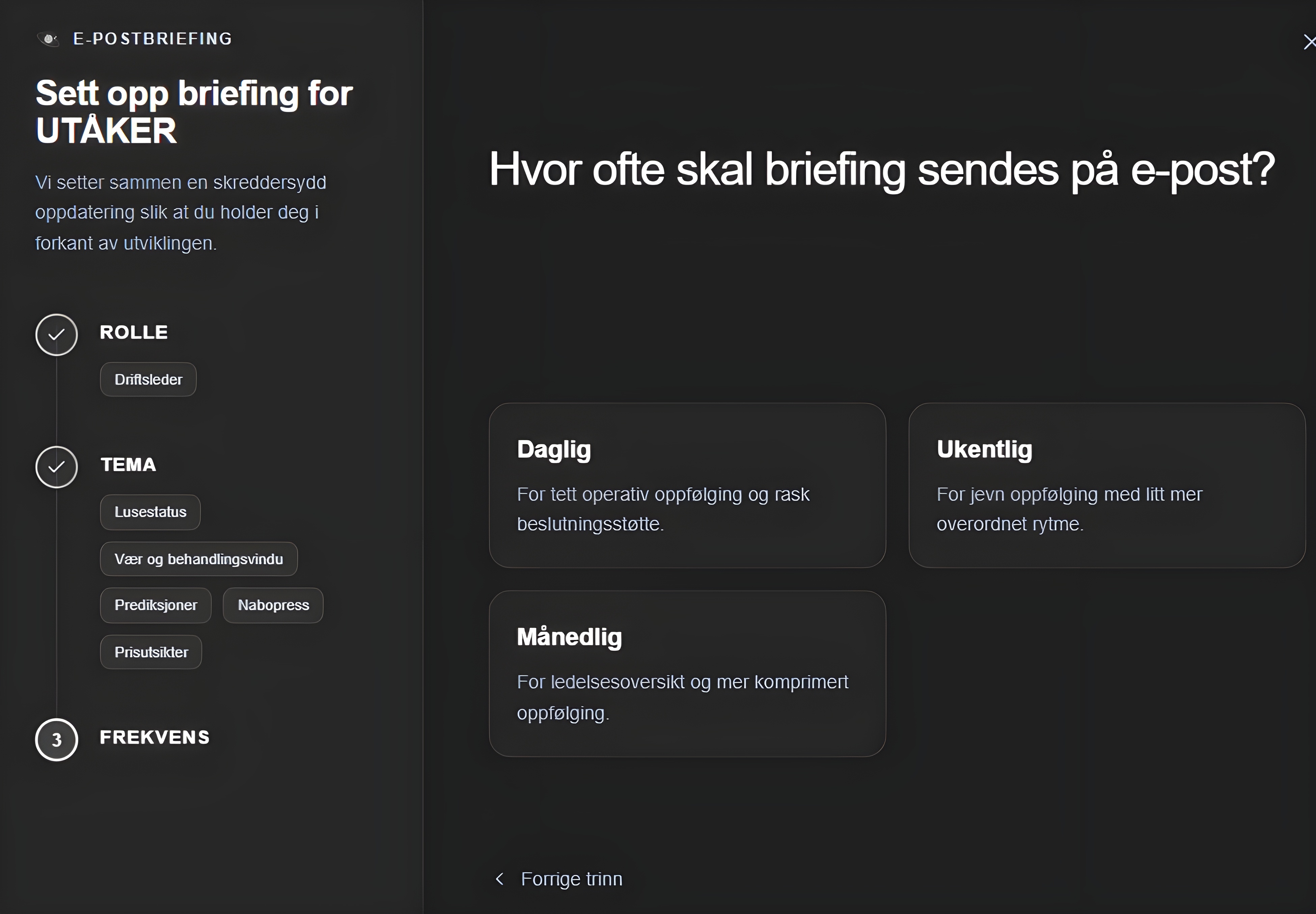 Skjermbilde fra Laice: oppsett av e-postbriefing per lokalitet med valg av rolle, tema og frekvens.
